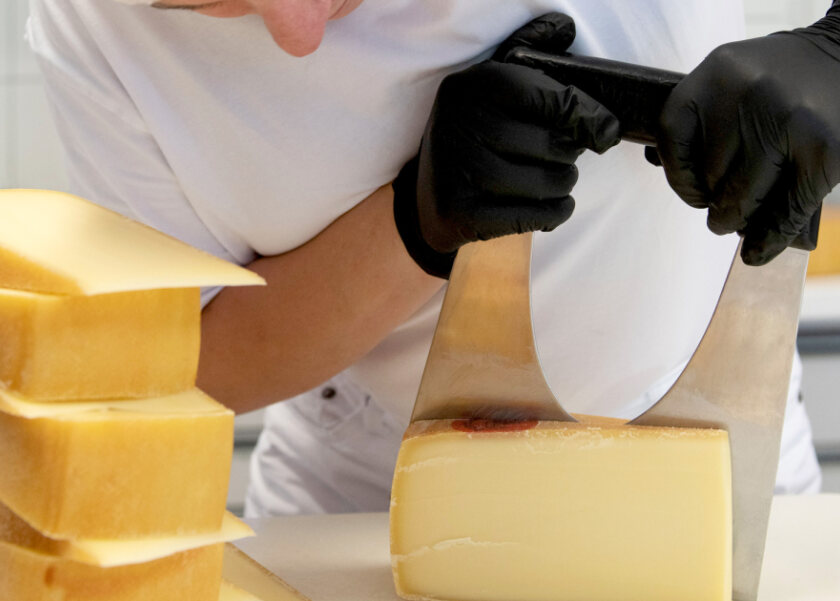 Käserei Schnider Produktion Käse schneiden